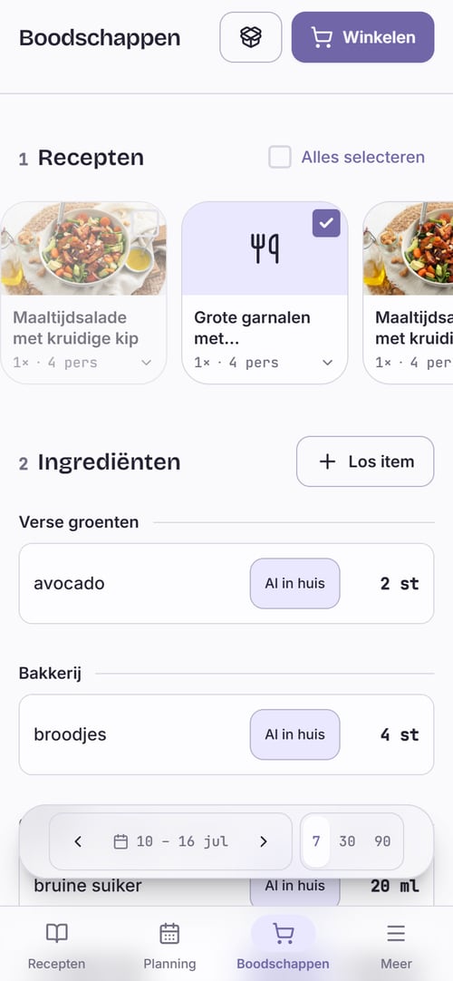 Pannetje op een telefoon: de boodschappenlijst gesorteerd per schap